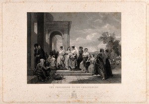 view A family enters a church at Ariccia for the christening of a child. Engraving by L. Stocks after P. Williams.