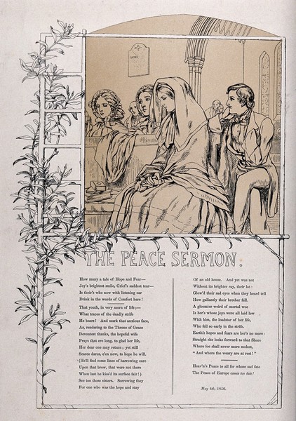 Mourners and casulties of war listening to the peace sermon on 4 May 1856. Lithograph.