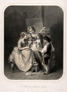 Children in devout contemplation of a sculpture of Christ surrounded by children. Lithograph by Régnier after F.-L. Lanfant de Metz, 1857.