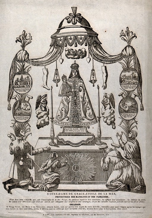 The Virgin, Star of the Sea at Caen, venerated by cripples and peasants. Etching.