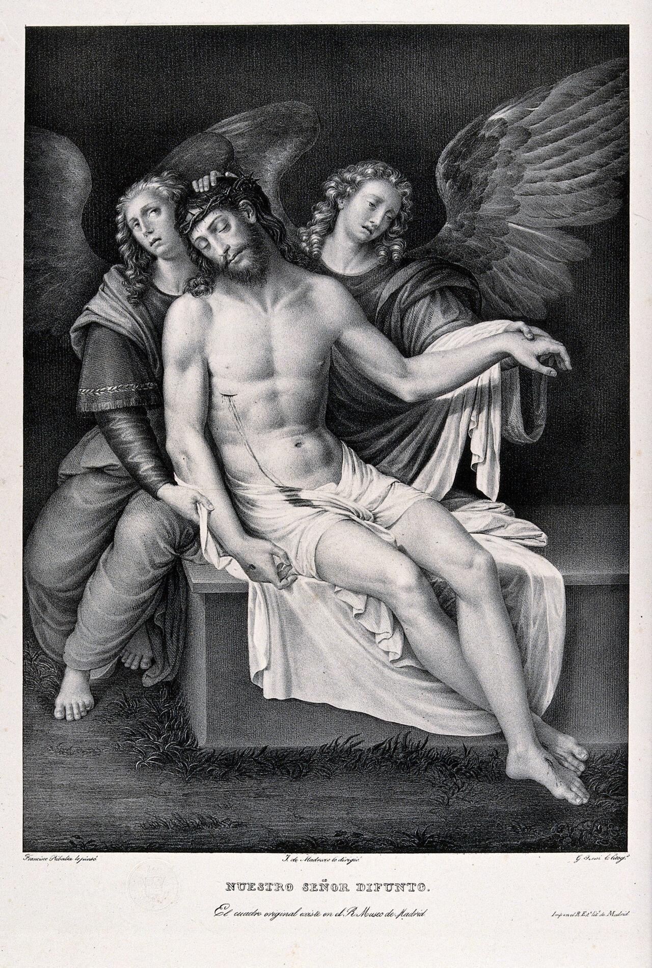 Angels presenting the dead body of Christ. Lithograph by G. Sensi after F. de Ribalta., by Francesc Ribalta