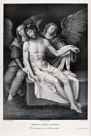 view Angels presenting the dead body of Christ. Lithograph by G. Sensi after F. de Ribalta.