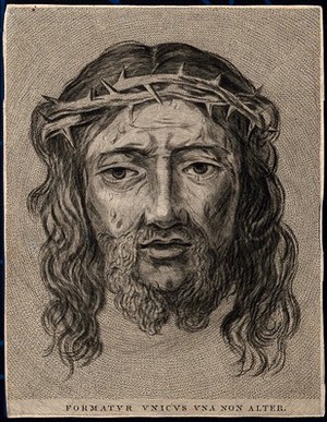 view The veronica (sudarium of Saint Veronica), representing the face of Christ. Etching after C. Mellan.