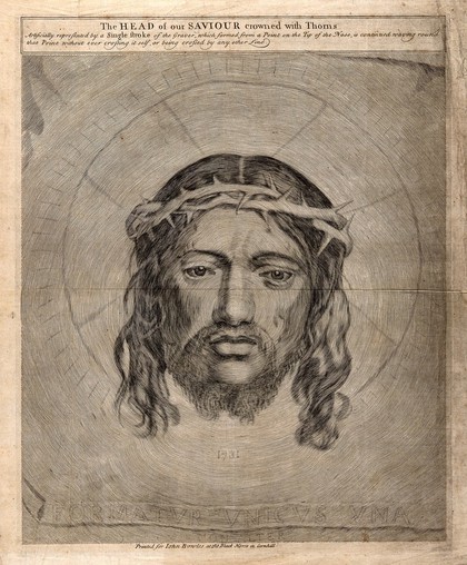 The veronica (sudarium of Saint Veronica), representing the face of Christ. Etching, 17--, after C. Mellan, 1649.