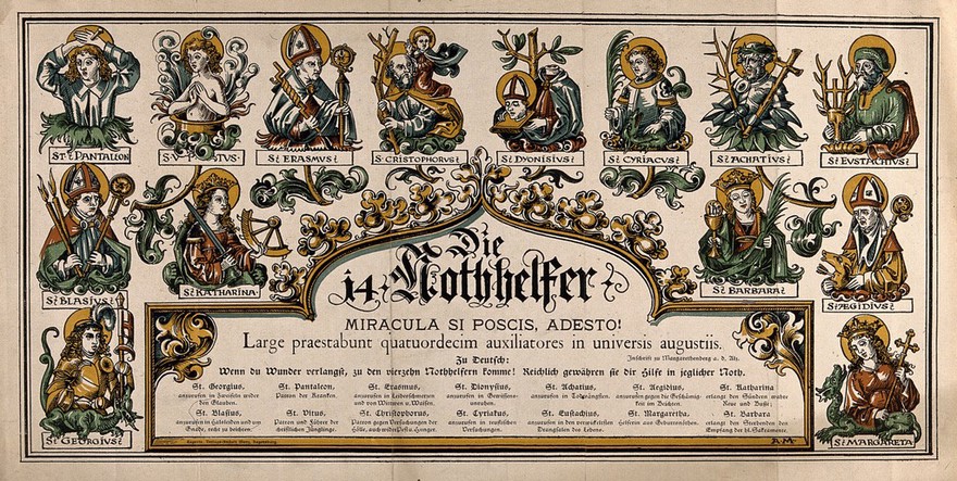 Fourteen saints who provide help against specific troubles. Colour lithograph.