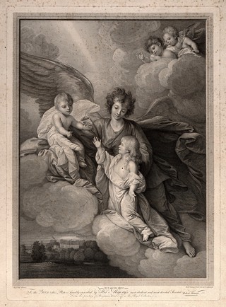 An angel conducting Prince Octavius to heaven on a cloud, where Prince Alfred greets him: Windsor Castle below. Engraving by R. Strange after B. West.