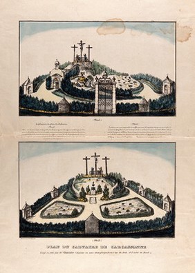 Carcassonne, France: a garden with a life size representation of the Passion and Crucifixion of Christ: two views. Coloured lithograph after Gamelin fils.