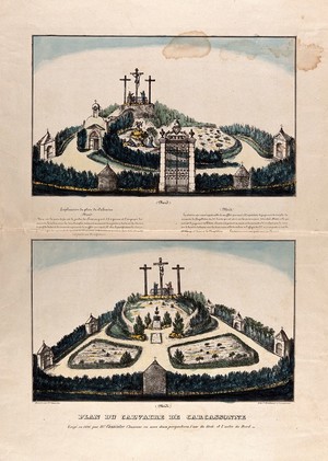 view Carcassonne, France: a garden with a life size representation of the Passion and Crucifixion of Christ: two views. Coloured lithograph after Gamelin fils.