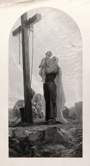 view The cross on which Christ died: a woman holding a child up to view it. Engraving after P.R. Morris.
