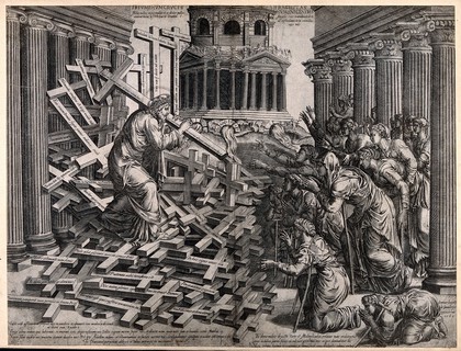 Left, Christ carrying the Cross, standing on a pile of crosses; right, people with crutches seek his help, within a setting of colonnades. Engraving by G.B. Cavalieri, 1568.
