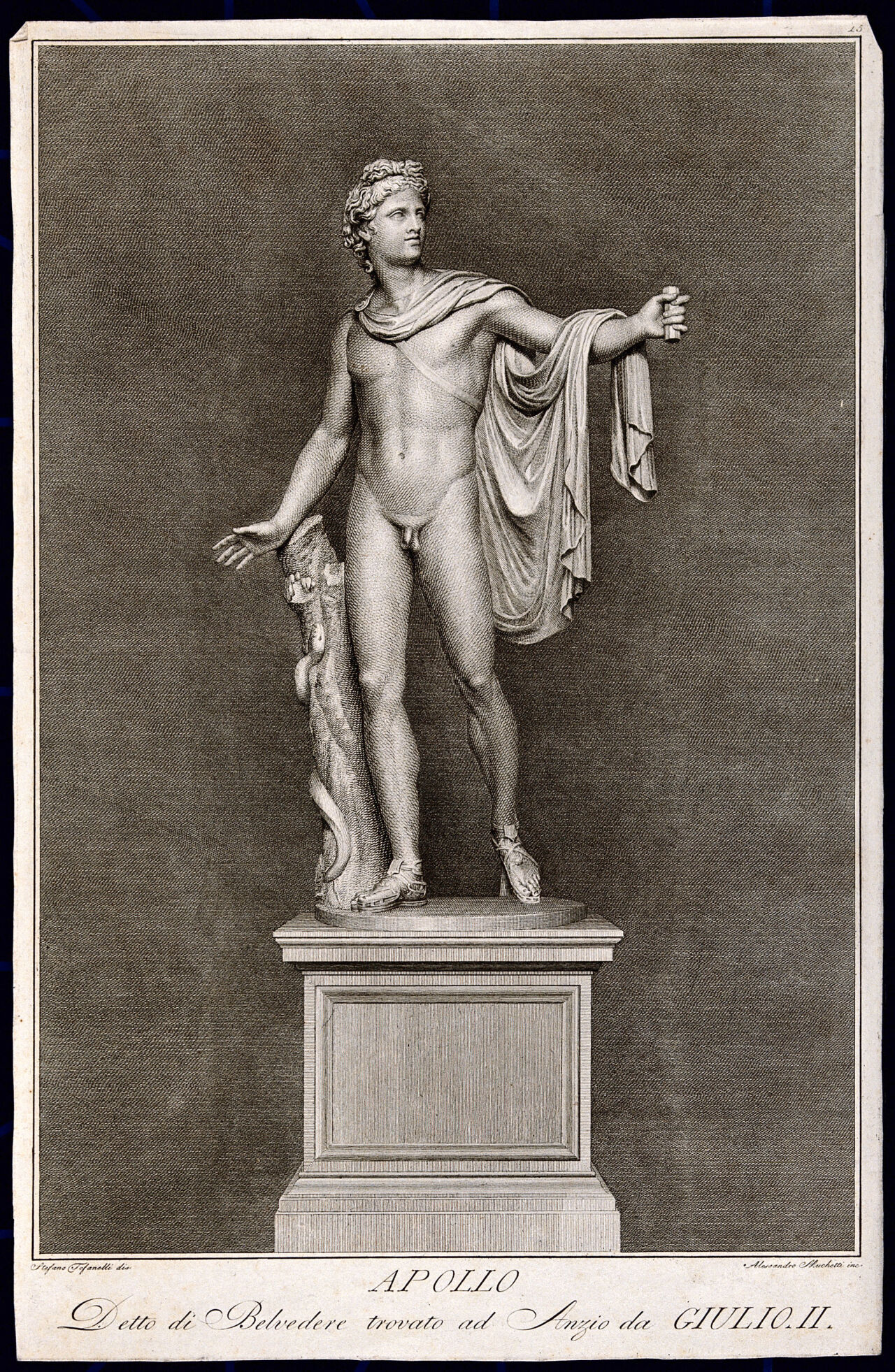 Apollo Belvedere. Engraving by A. Mochetti after S. Tofanelli., by Stefano Tofanelli