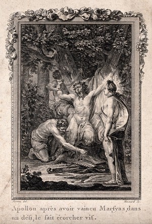 view Apollo flaying Marsyas. Etching by Massard after J.M. Moreau.