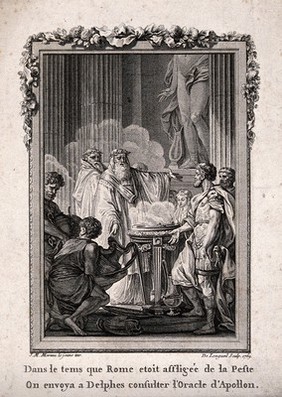 Apollo: Romans sent to consult the priests of Apollo at Delphi about an attack of the plague. Etching by J. de Longueil, 1769, after J.M. Moreau.