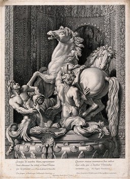 The horses of Apollo being groomed by two Tritons. Engraving by E. Picart, 1675, after G. and B. de Marcy.