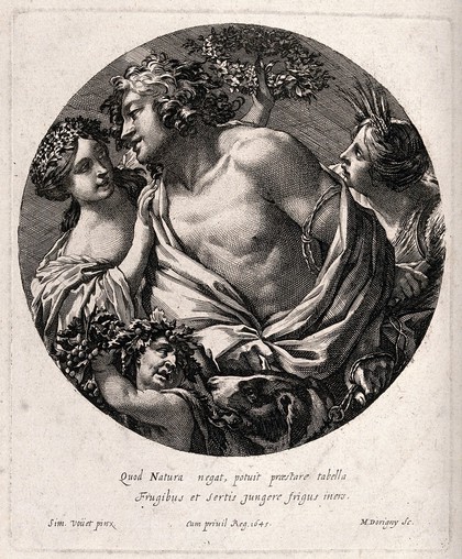 A young man representing cold standing between two women representing aspects of summer. Engraving by M. Dorigny, 1645, after S. Vouet.