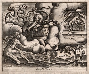 view Ceres punishes Erysichthon of Thessaly with perpetual hunger. Engraving by J. Matheus, 1619.