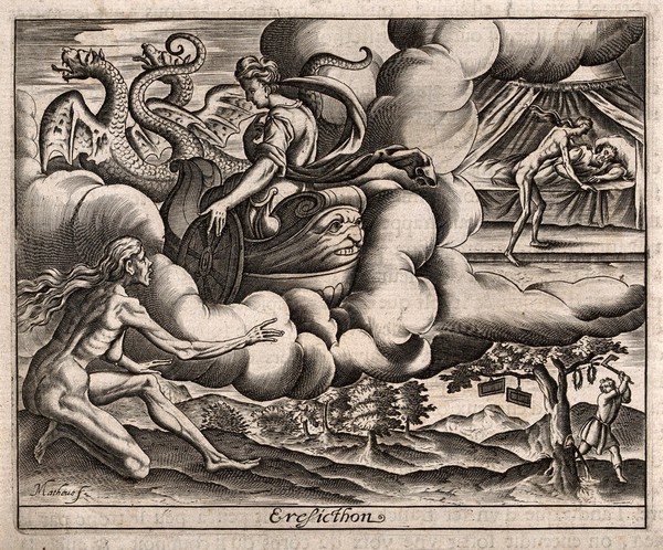 Ceres punishes Erysichthon of Thessaly with perpetual hunger. Engraving by J. Matheus, 1619.