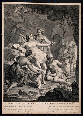 Diana [Artemis]: she changes Actaeon into a deer. Engraving by D. Sornique after B. Boullogne.