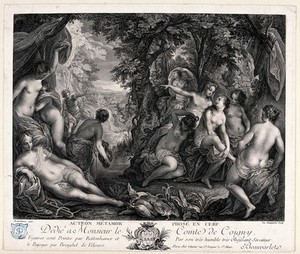 view Diana [Artemis] and Actaeon. Engraving by J.B. Beauvarlet after J. Rottenhammer.