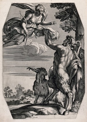 view Diana [Artemis] and Pan. Engraving after Annibale Carracci.