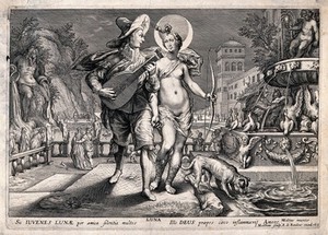 view Diana [Artemis] as goddess of the moon. Engraving by J. Matham, 1615, after H. Goltzius.