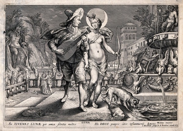 Diana [Artemis] as goddess of the moon. Engraving by J. Matham, 1615, after H. Goltzius.