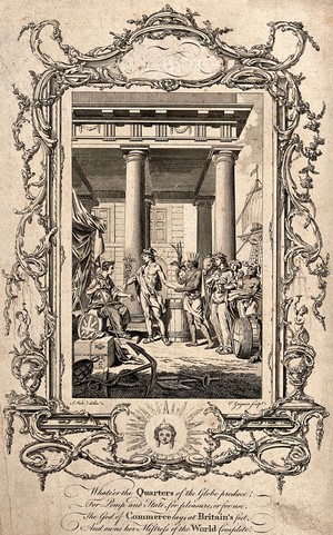 view Mercury [Hermes] as god of trade presenting the continents to Britannia. Etching by C. Grignion after S. Wale.