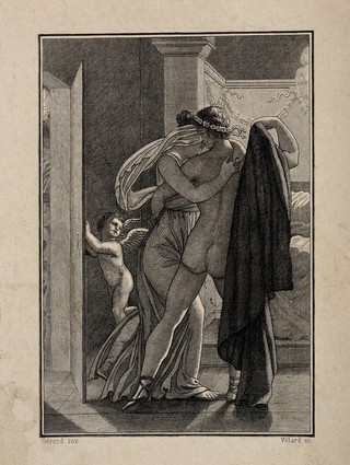 Cupid and Psyche. Reproduction of an etching by Vélard after Gérard.
