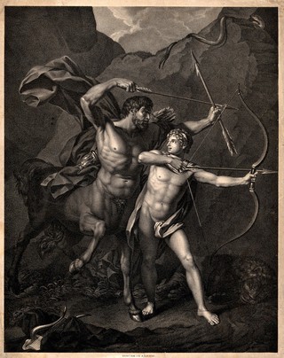 Chiron the centaur teaching Achilles to use a bow and arrow. Lithograph after J.B. Regnault.