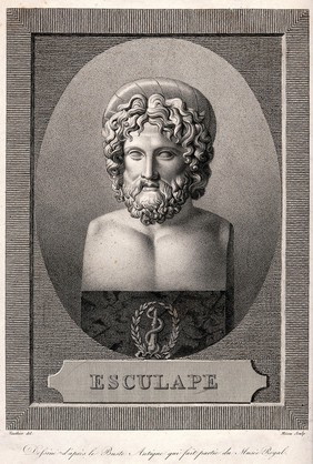 Aesculapius: bust facing front. Engraving by A.J. Mécou after J.A. Vauthier.