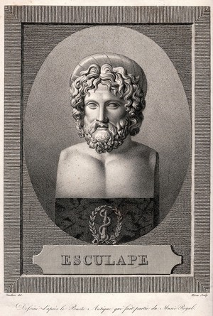 view Aesculapius: bust facing front. Engraving by A.J. Mécou after J.A. Vauthier.