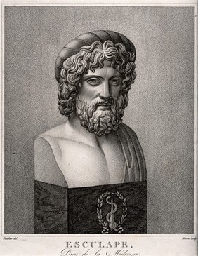 M0001935EA: Reproduction of a photograph of a full-length statue of Aesculapius, the Greek god of medicine / M0001935EB: Reproduction of an engraving of a bust of Aesculapius, Greek god of medicine