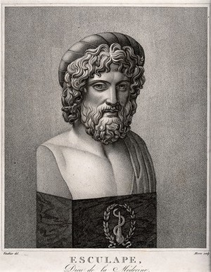 view Aesculapius: bust directed to right. Engraving by A.J. Mecou after J.-A. Vauthier.