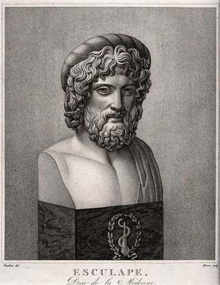Aesculapius: bust directed to right. Engraving by A.J. Mecou after J.-A. Vauthier.