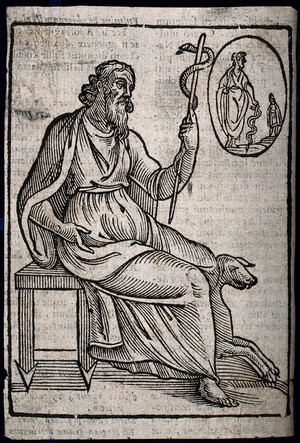 view Aesculapius. Woodcut.