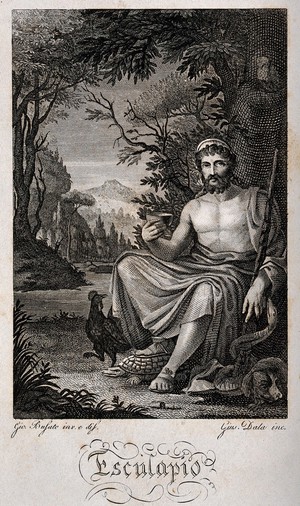 view Aesculapius. Engraving by G. Dala after G. Busato.