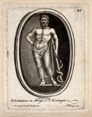 view Aesculapius. Etching by T. Worlidge.