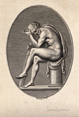 view Hercules, seated on a column, in a state of depression. Etching by F. Bartolozzi, 1781.