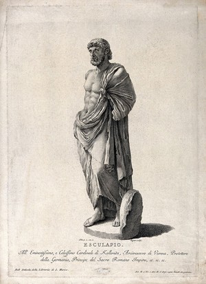 view Aesculapius. Engraving by I. Wagner after Antonio Maria (Girolamo) Zanetti and Antonio Maria (Alessandro) Zanetti.