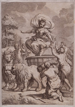 Ceres (Demeter) on a chariot drawn by lions receives offerings from peasants; representing harvest. Etching by G. Zocchi after P. da Cortona.