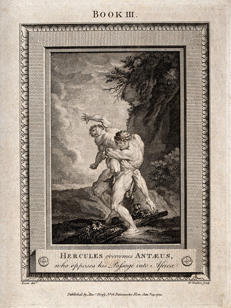 Hercules and Antaeus. Engraving by W. Walker after C. Eisen., by Charles Dominique Joseph Eisen