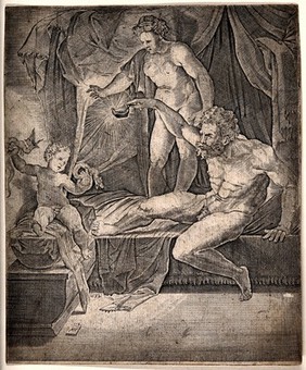 The infant Hercules strangling snakes. Engraving by Agostino Veneziano, 1533, after Giulio Romano.