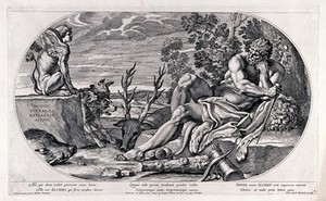 view Hercules resting from his labours. Etching by P. Aquila after Annibale Carracci.