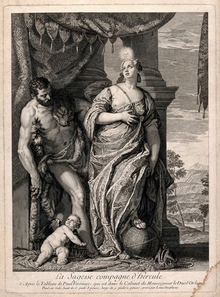 Hercules and Wisdom. Engraving by L. Desplaces after P. Veronese.