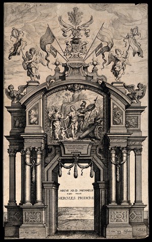 view An arch decorated with a panel representing Ferdinand of Spain as Hercules choosing duty over pleasure. Etching by T. van Thulden after Sir P.P. Rubens.