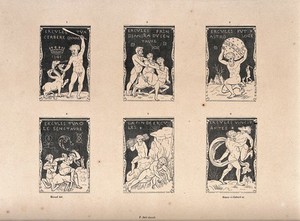 view Hercules: six episodes in his life. Wood engraving by Bisson and Cottard after A. Rivaud.