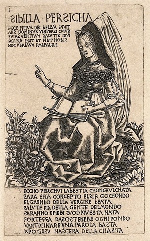 view The Persian sibyl. Reproduction of an engraving, by B. Baldini, ca. 1480.