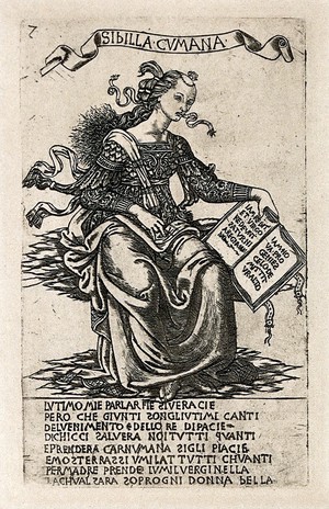 view The Cumaean sibyl. Reproduction of an engraving by B. Baldini, ca. 1480.