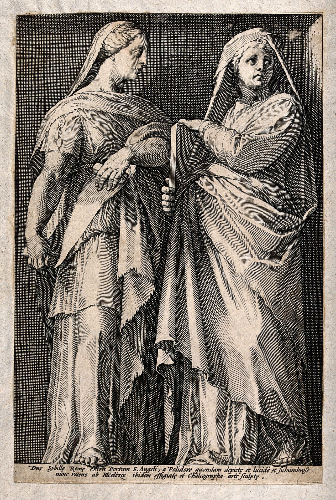 Two sibyls. Engraving by H. Goltzius after Polidoro da Caravaggio., 1590-1599, by Polidoro da Caravaggio