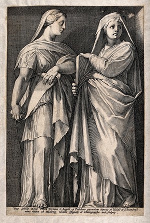 view Two sibyls. Engraving by H. Goltzius after Polidoro da Caravaggio.